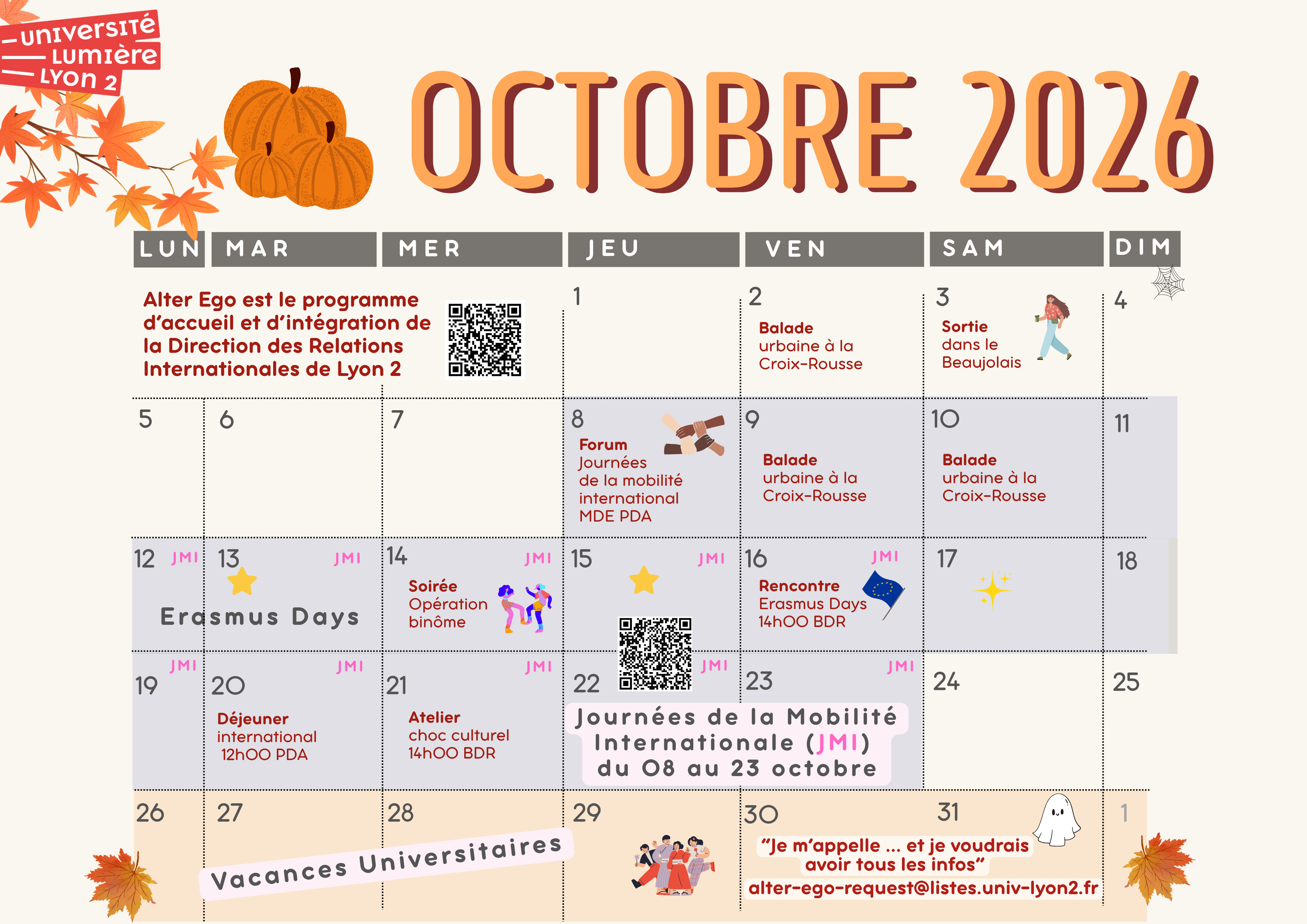 Calendrier octobre 2026
