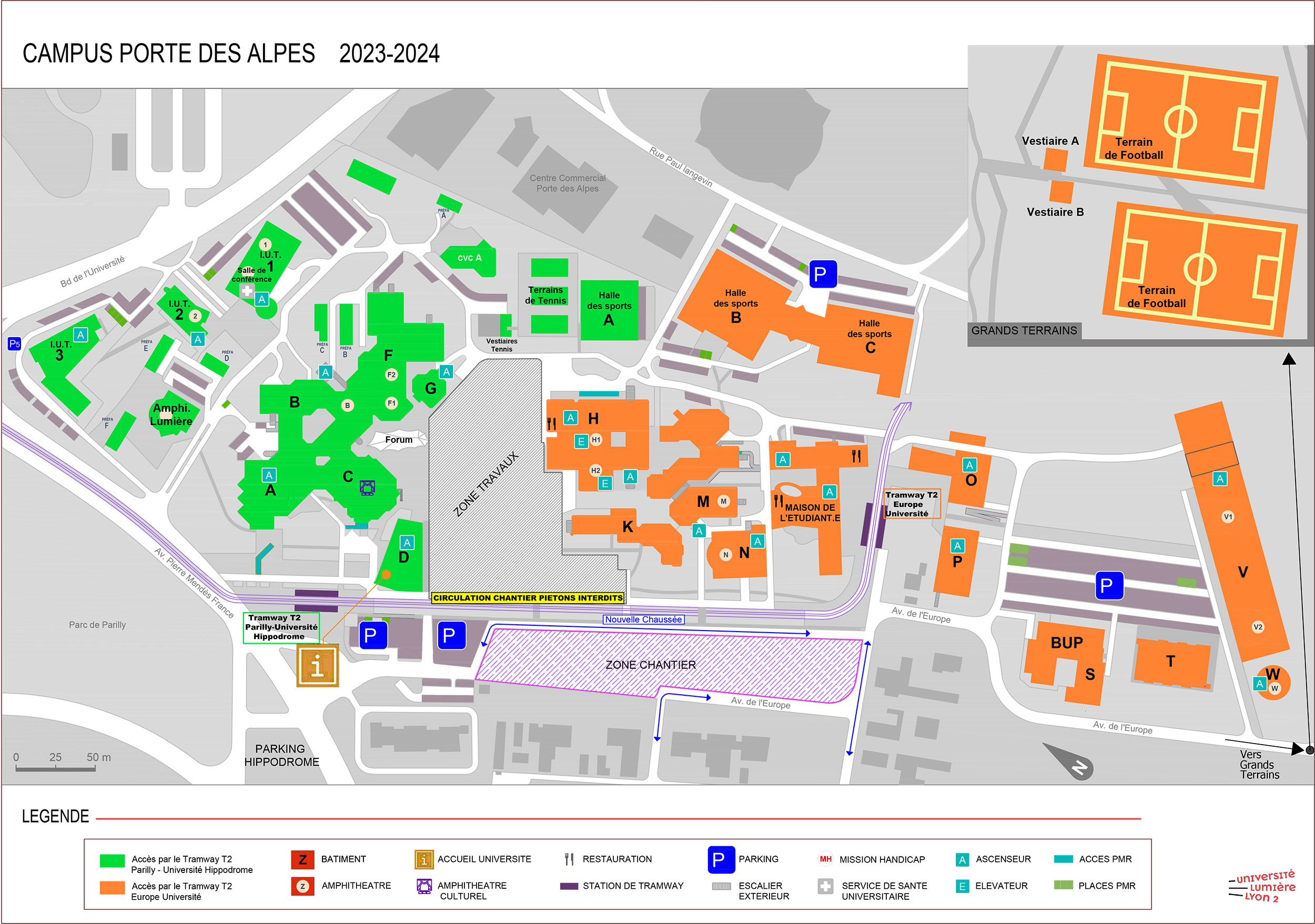 Plan du Campus Porte des Alpes (PDA) / Accès facilité suivant les 2 arrêts du tramway (2023-2024)