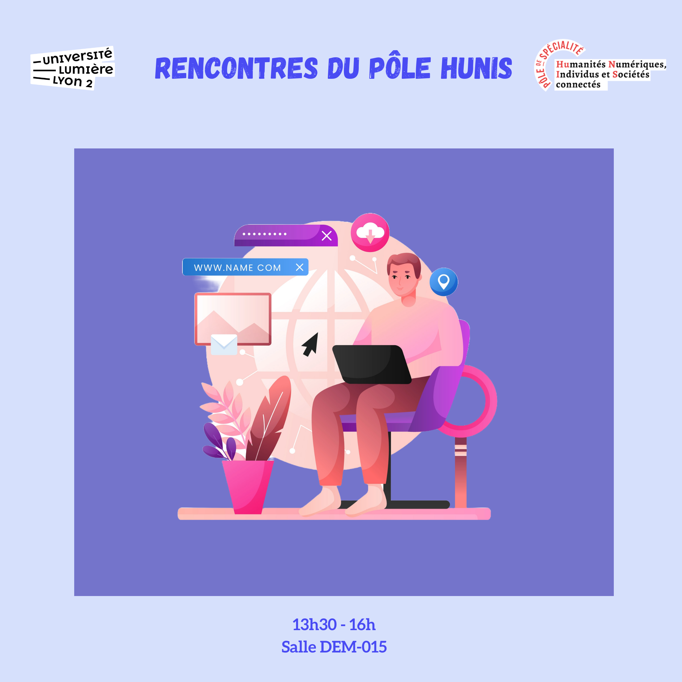 Un homme assis sur une chaise de bureau avec son ordinateur et une "toile du web" en arrière plan pour illustrer l'événement des Rencontres du Pôle HuNIS