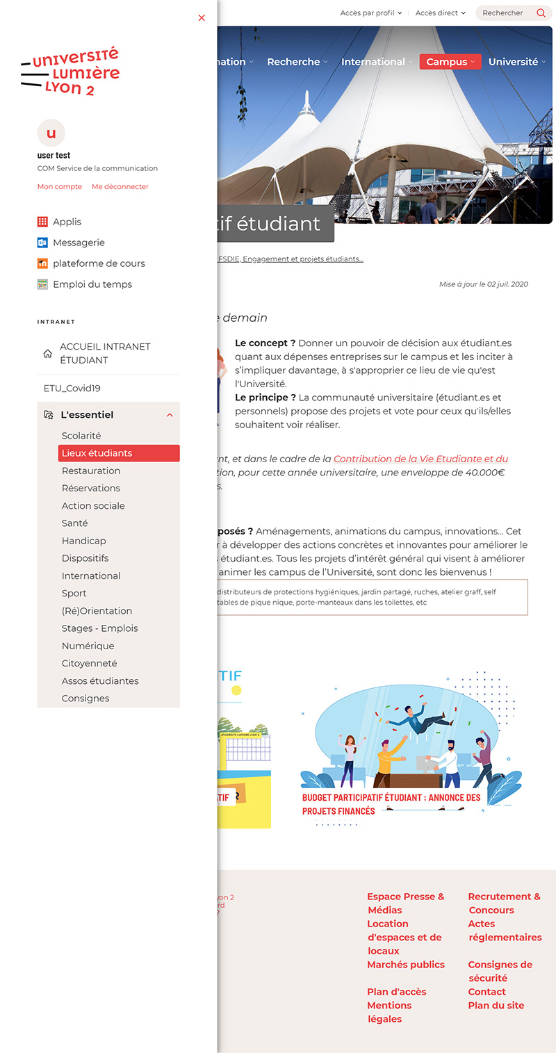 Page web en cours de consultation avec menu intranet