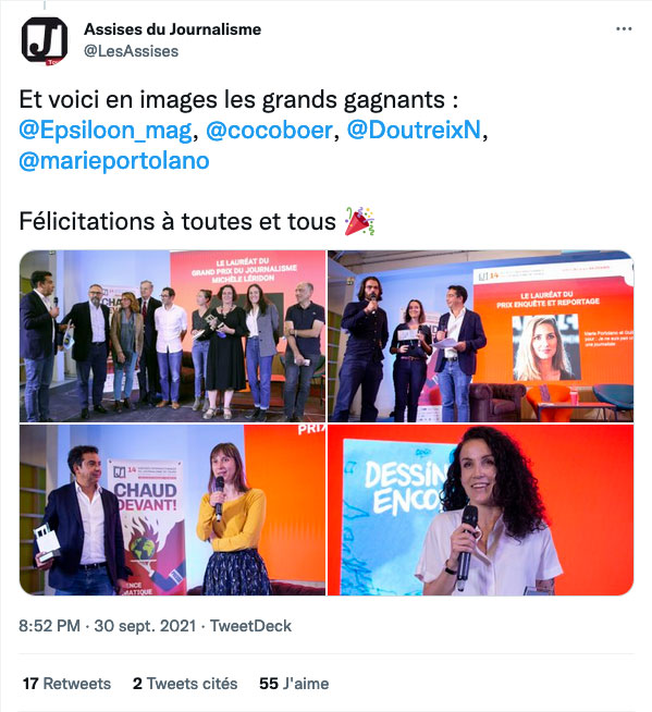 Tweet palmarès Assises internationales du journalisme 2021