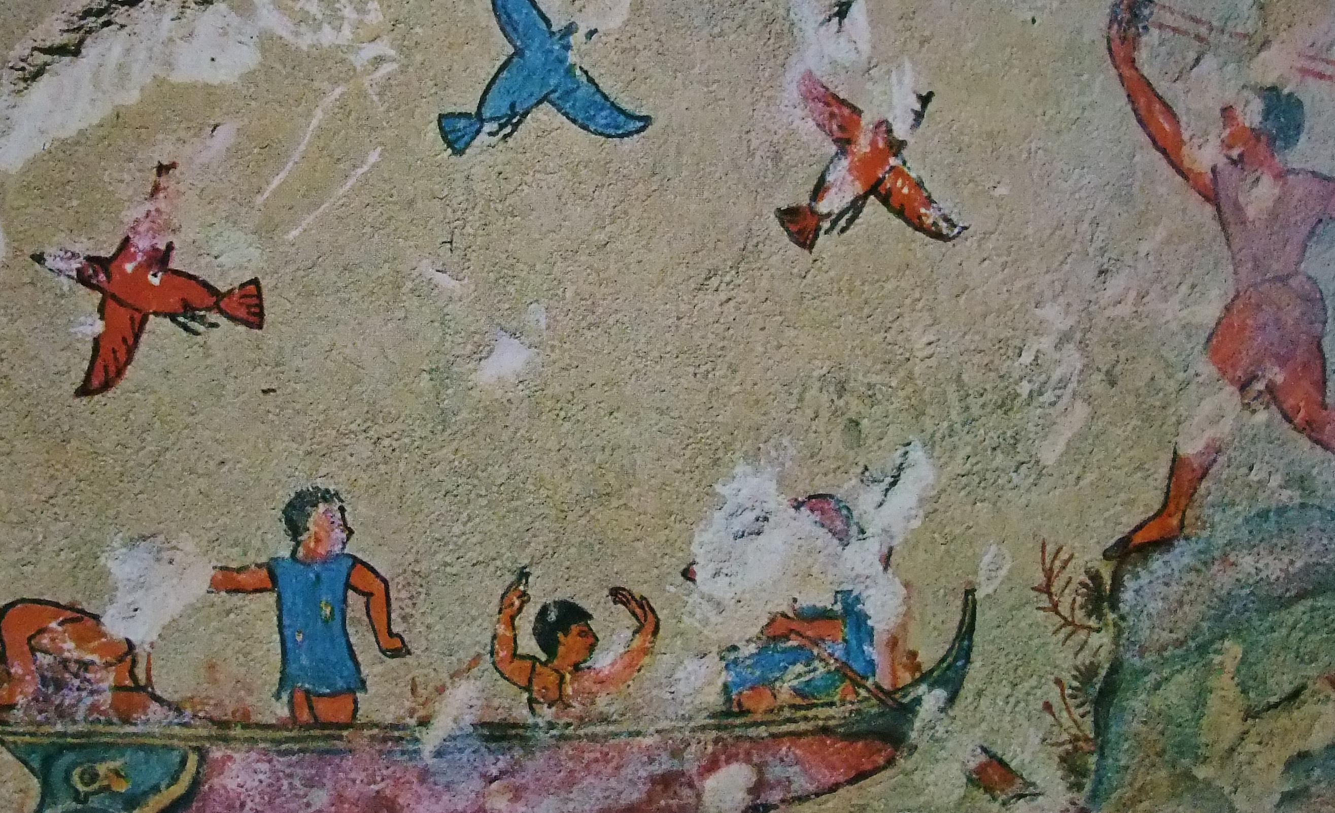 "Tombe de la Chasse et de la Pêche de Tarquinia, paroi du fond de la seconde chambre, d'après Pallotino 1952"